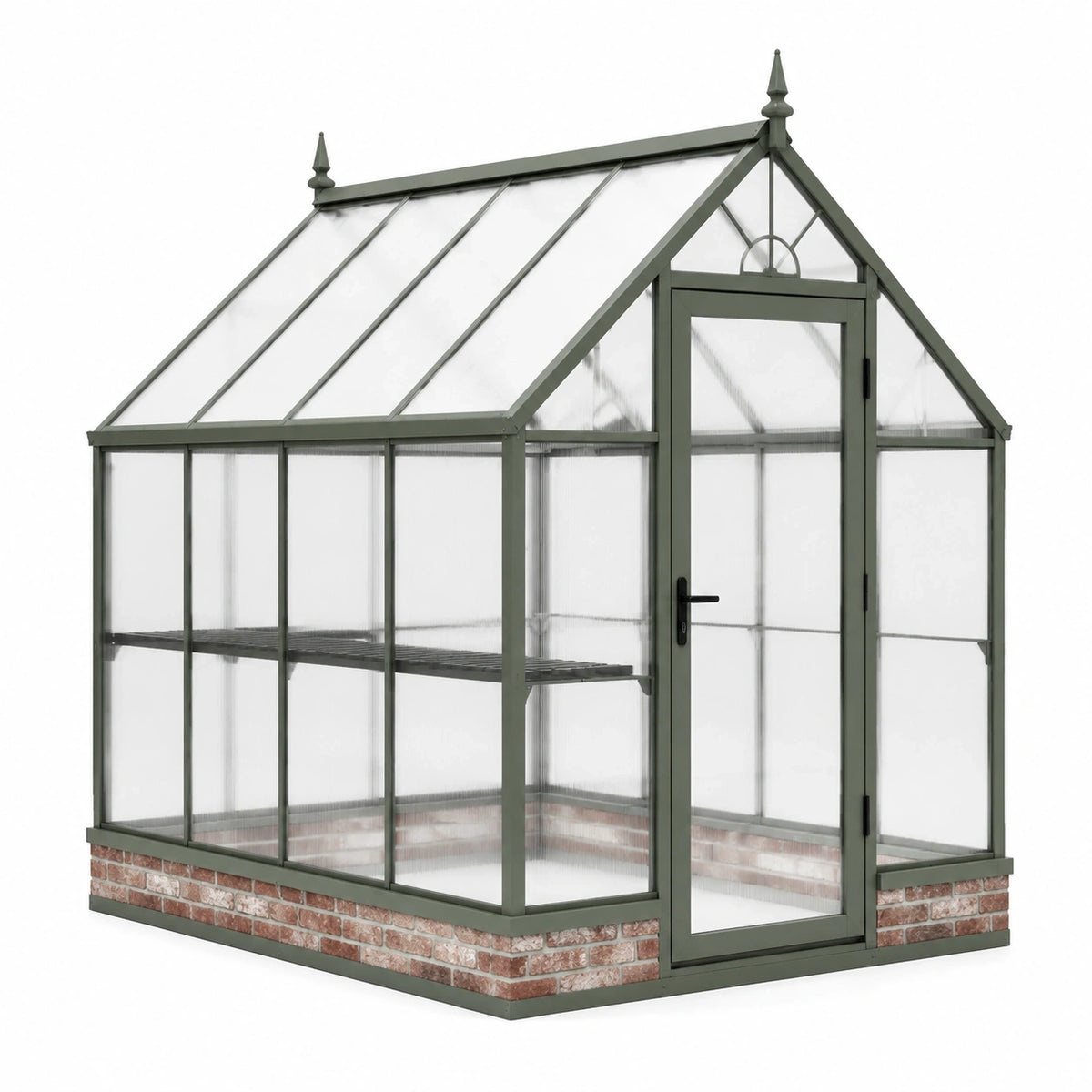 Serre de jardin en aluminium vert olive, polycarbonate transparent et soubassement rouge brique, 250 x 190 x 230 cm, avec porte battante et étagères