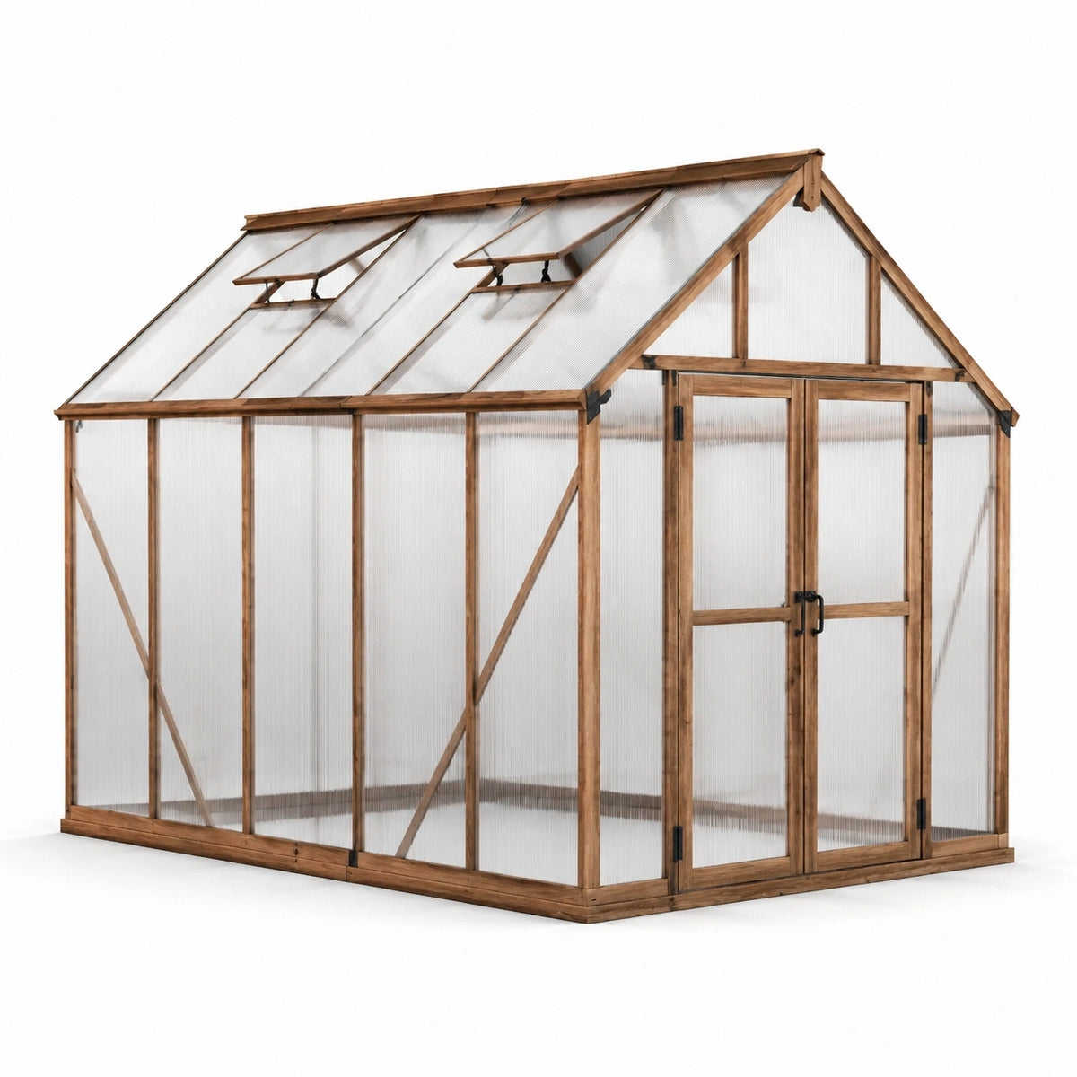 Serre de jardin en bois marron et polycarbonate transparent 245 x 190 x 220 cm avec double porte et 2 fenêtres de toit