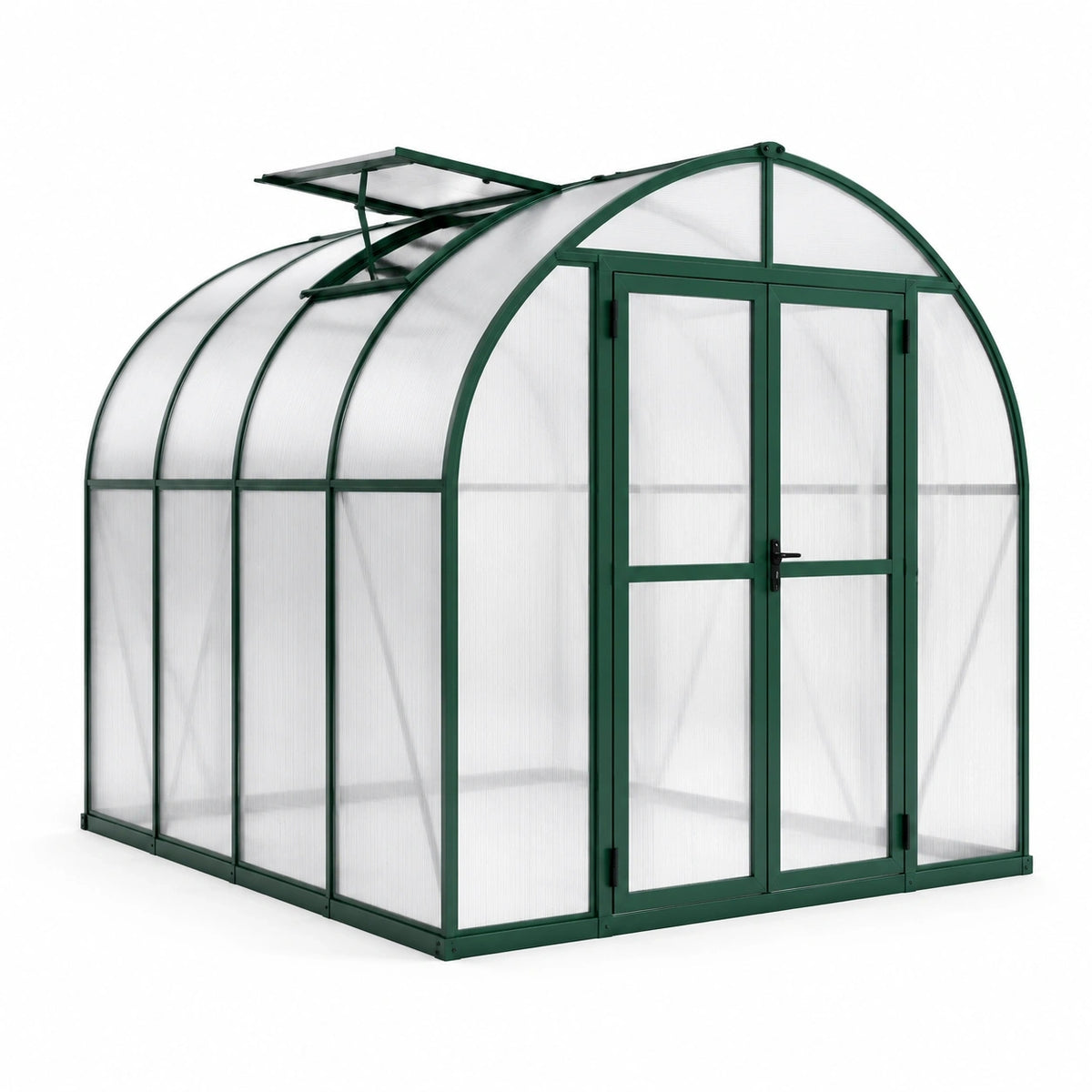 Serre de jardin en aluminium vert et polycarbonate transparent, 250 x 190 x 215 cm, toit arqué avec ouvrants