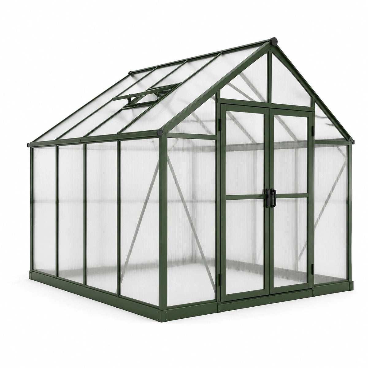 Serre de jardin en aluminium vert et polycarbonate translucide avec double porte et lucarne, 244 x 185 x 209 cm
