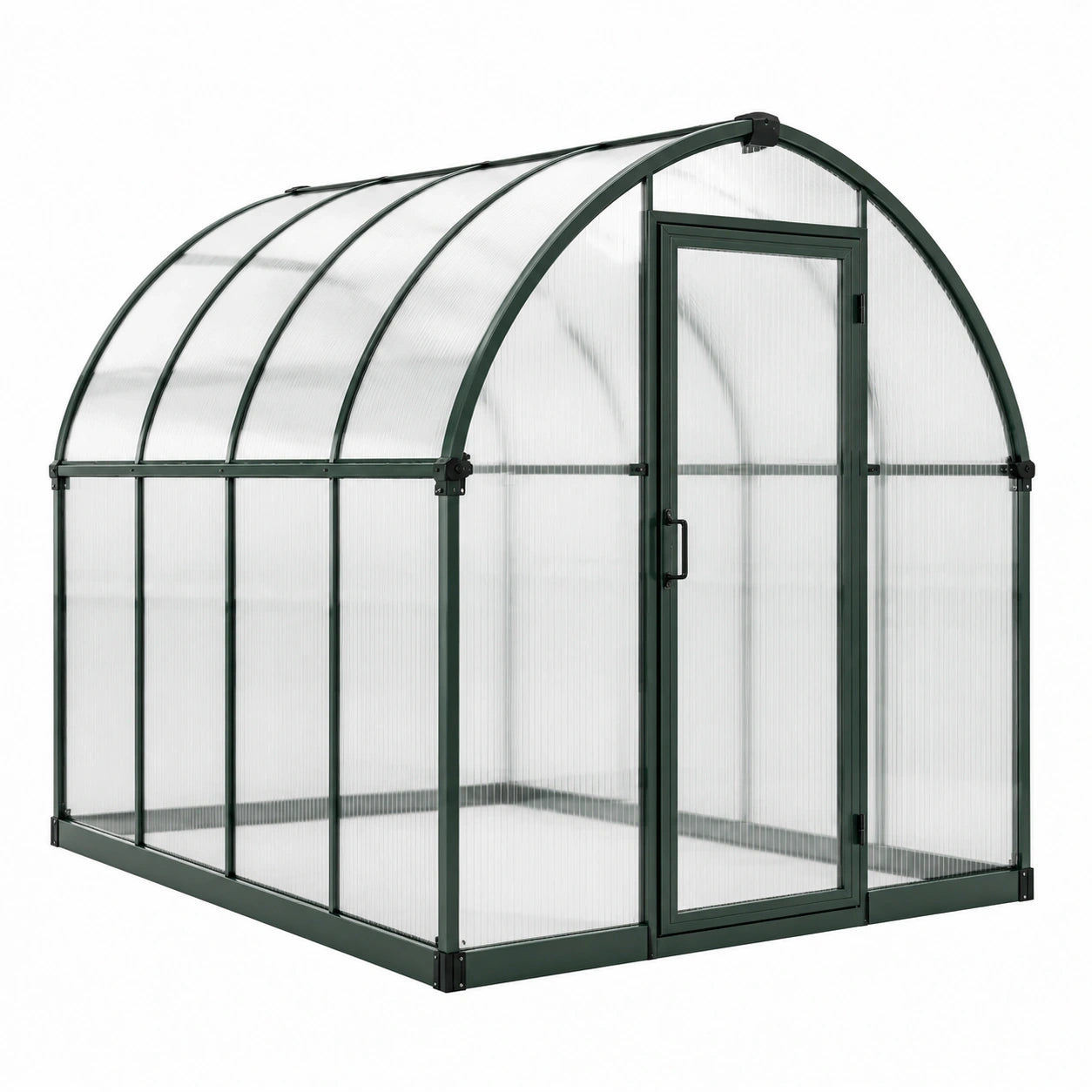 Serre de jardin en aluminium vert foncé et polycarbonate transparent avec toit arrondi et porte, 250 x 190 x 215 cm