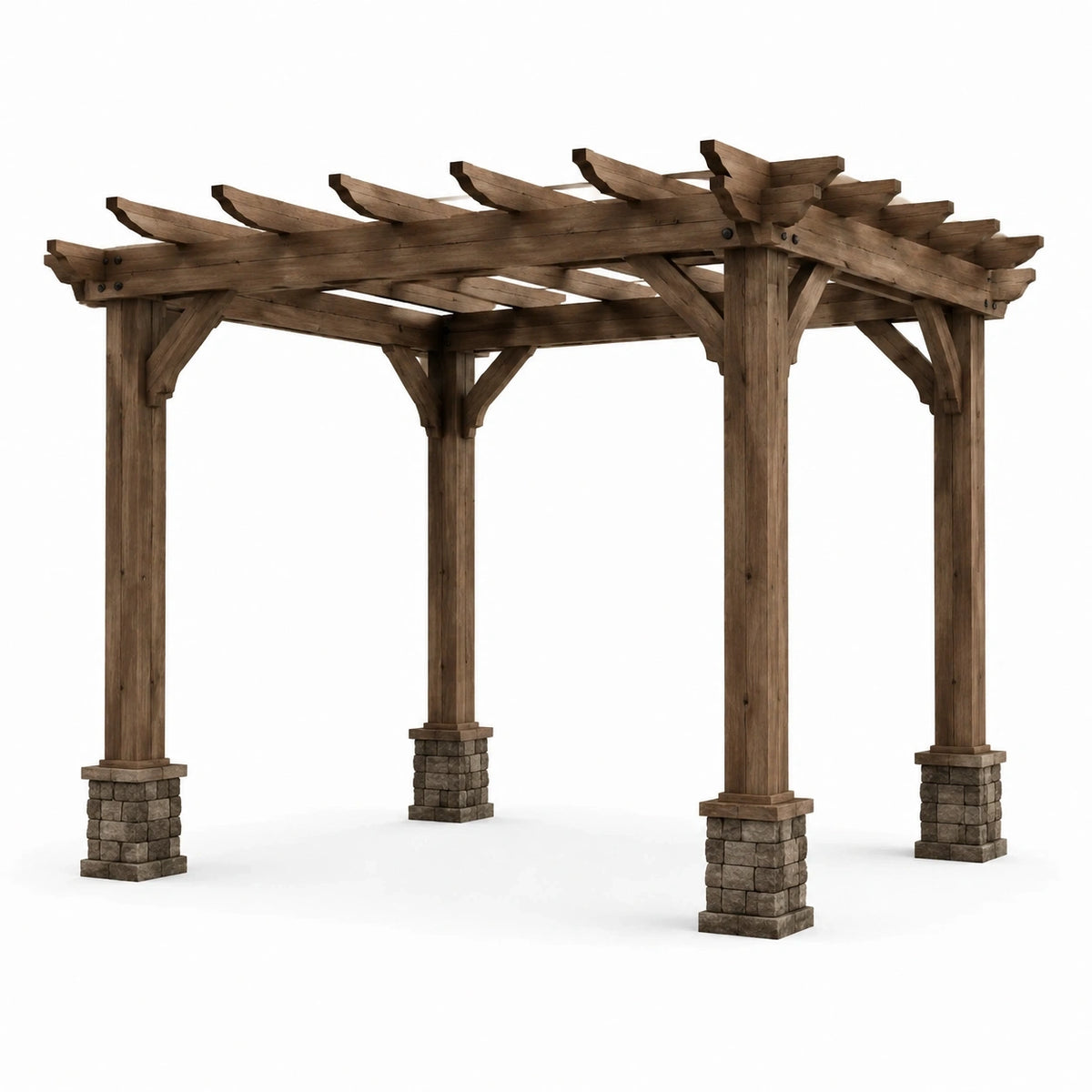 Pergola de jardin en bois brun avec socles gris aspect pierre, 366 x 305 x 290 cm, style rustique