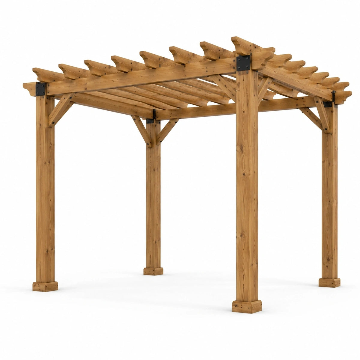Pergola de jardin en bois massif marron et métal noir, toit ouvert, 366 x 305 x 244 cm