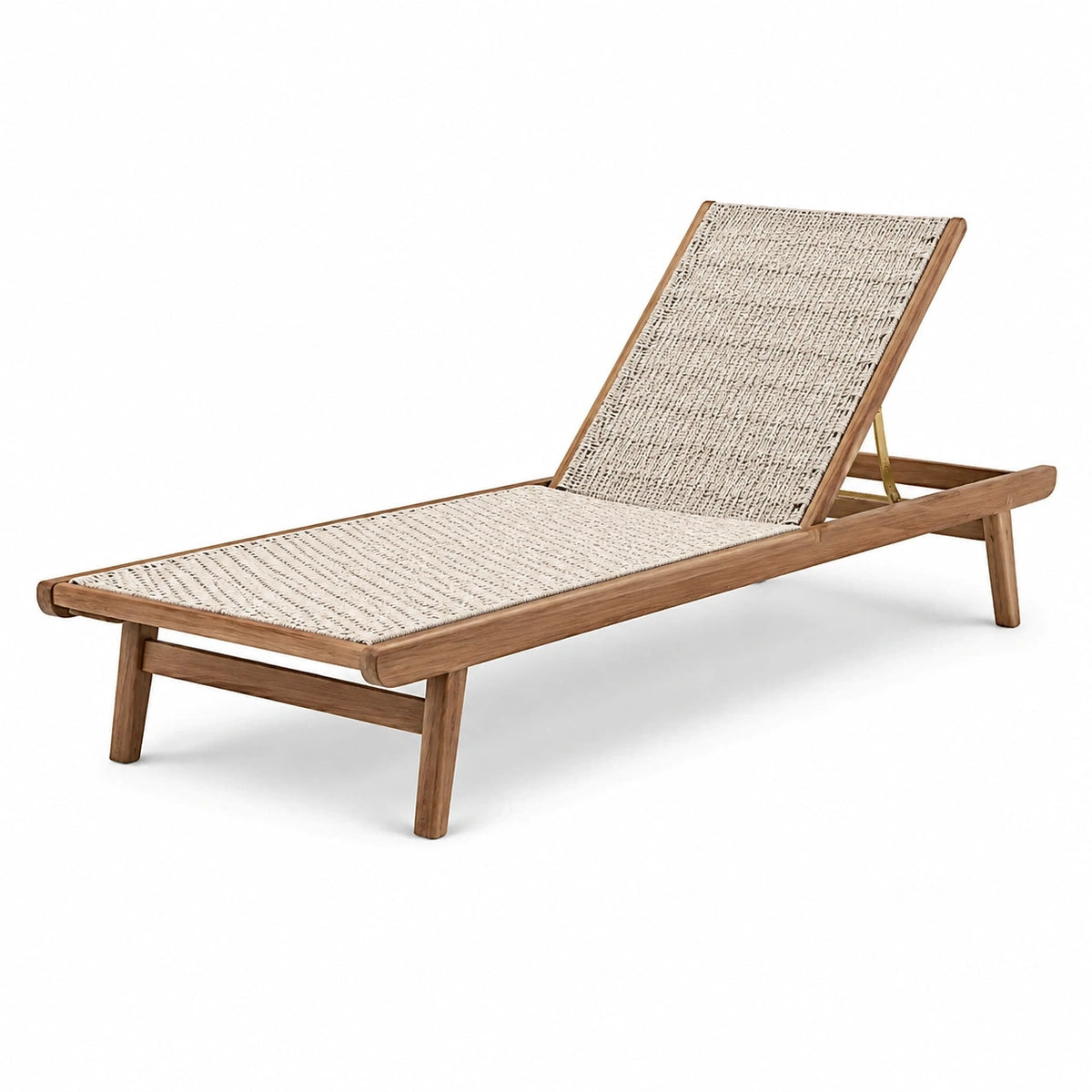 Chaise longue en bois brun naturel et corde beige avec dossier inclinable, 190 x 65 x 90 cm