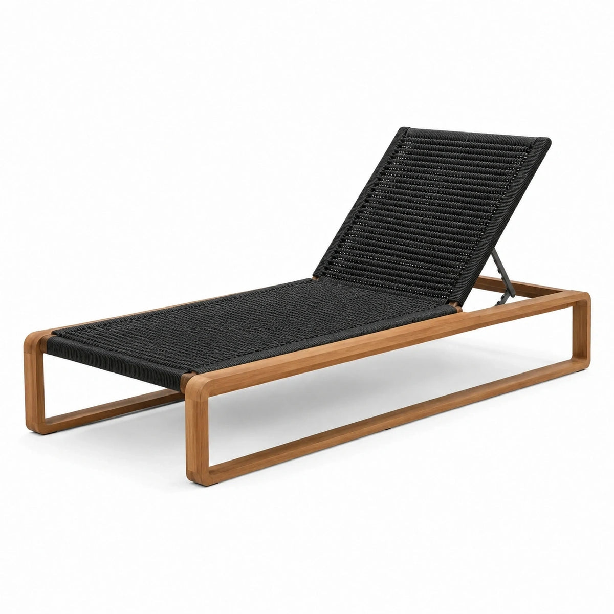 Bain de soleil en bois marron et corde noire avec dossier inclinable, 200 x 70 x 90 cm