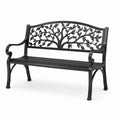 Banc de jardin 2 places en métal noir, 127 x 60 x 85 cm, dossier ajouré à motif d'arbre