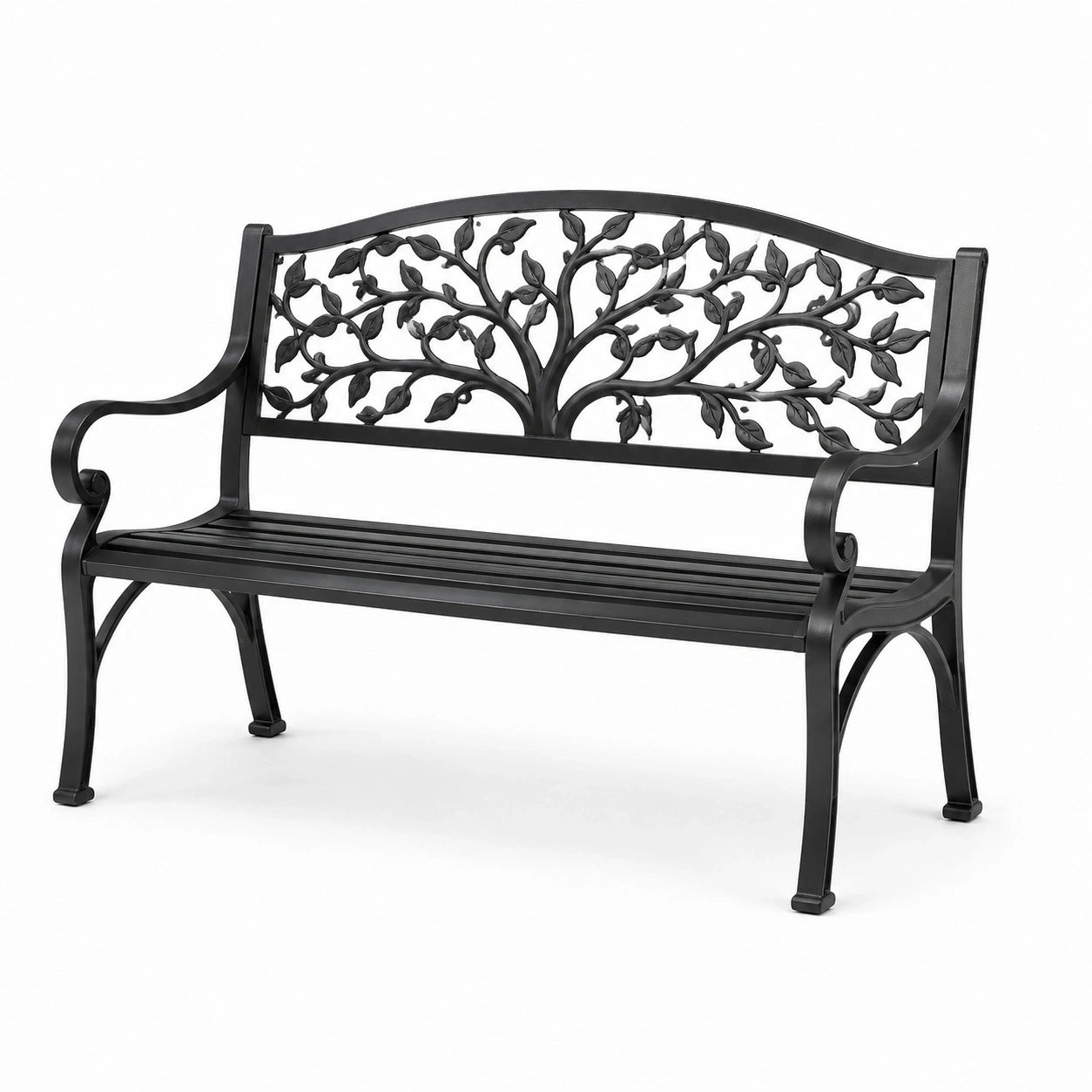 Banc de jardin 2 places en métal noir, 127 x 60 x 85 cm, dossier ajouré à motif d'arbre