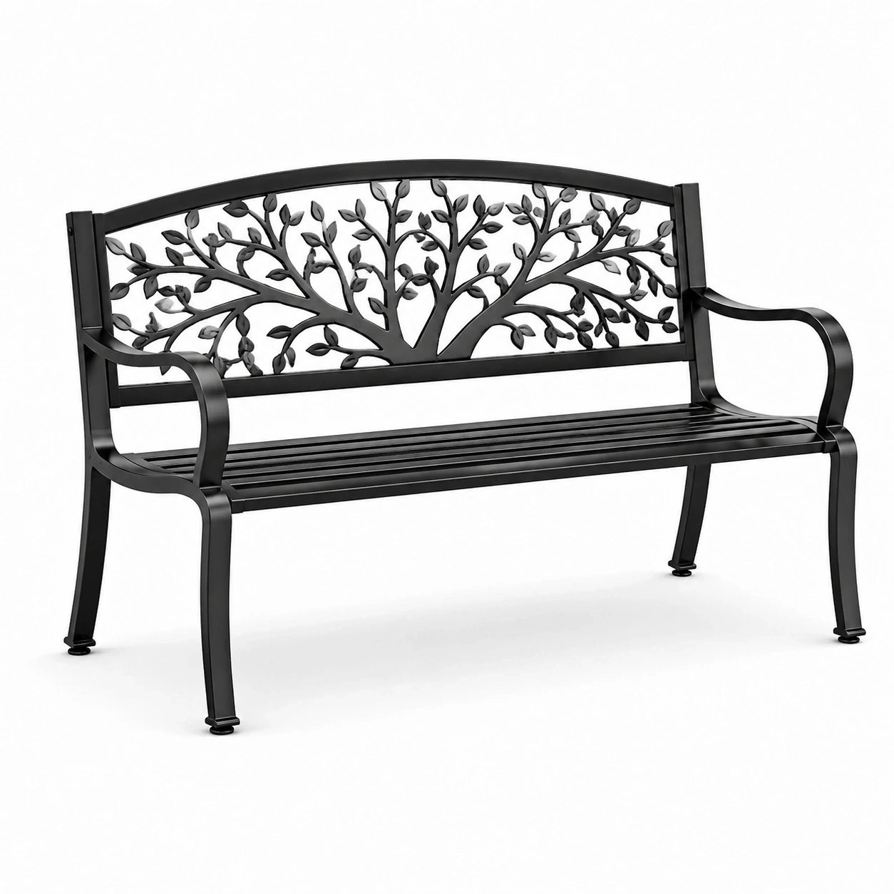 Banc de jardin 2 places en métal noir avec dossier décoratif arbre – 127 x 60 x 87 cm
