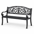 Banc de jardin en métal noir avec dossier floral ajouré et accoudoirs, 127 x 60 x 85 cm