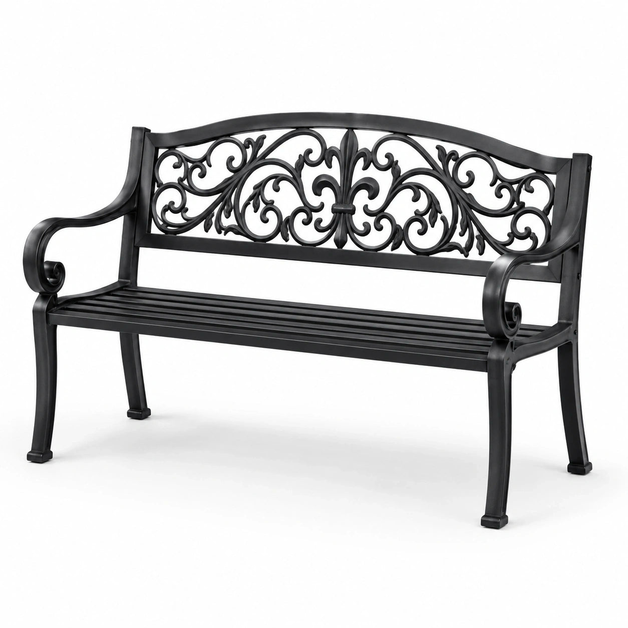 Banc de jardin en métal noir avec dossier floral ajouré et accoudoirs, 127 x 60 x 85 cm