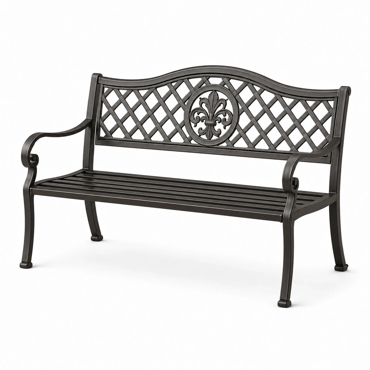 Banc de jardin en métal noir avec dossier ajouré, 123 x 60 x 90 cm