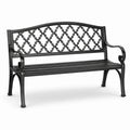 Banc de jardin en métal noir, 127 x 60 x 87 cm, dossier ajouré décoratif
