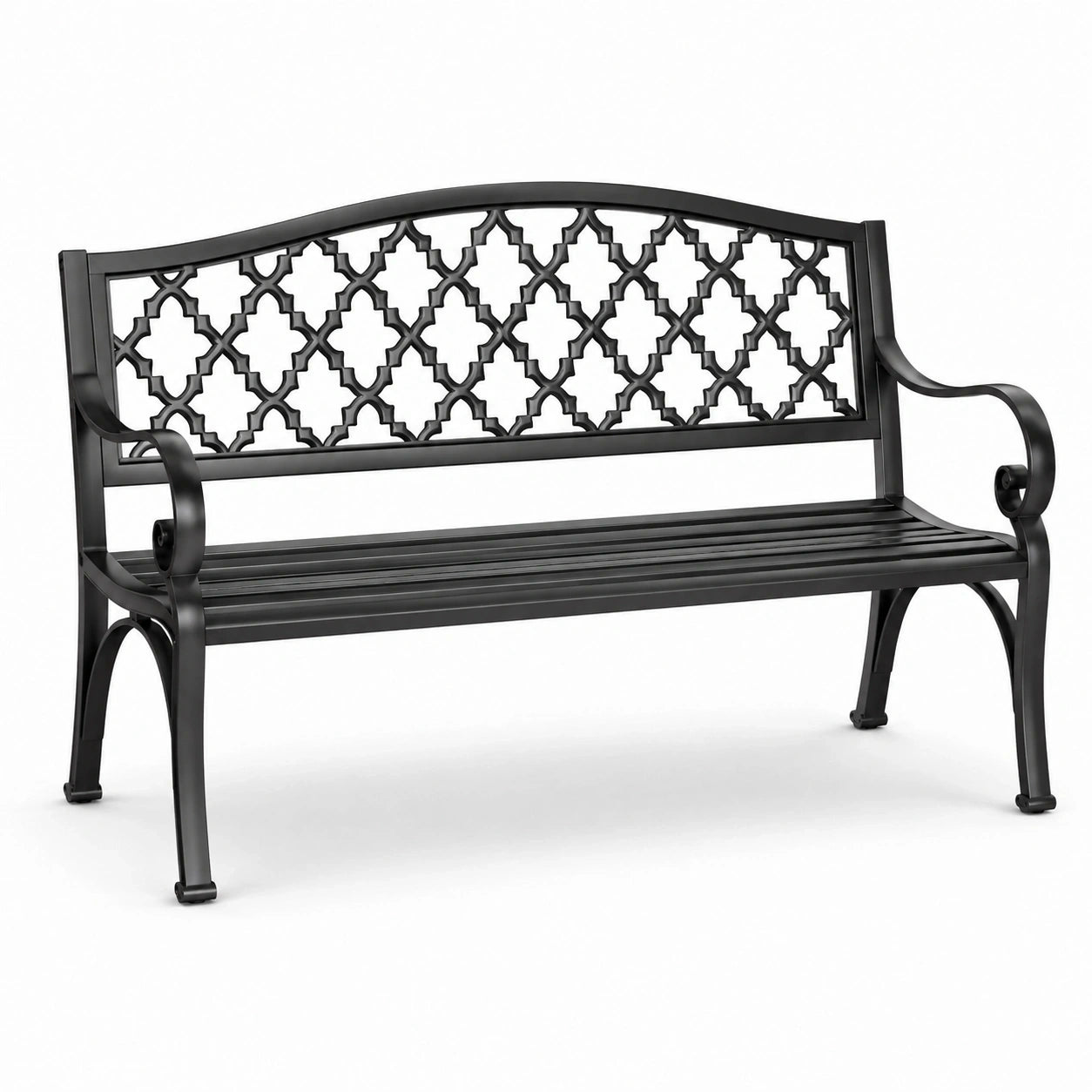 Banc de jardin en métal noir, 127 x 60 x 87 cm, dossier ajouré décoratif