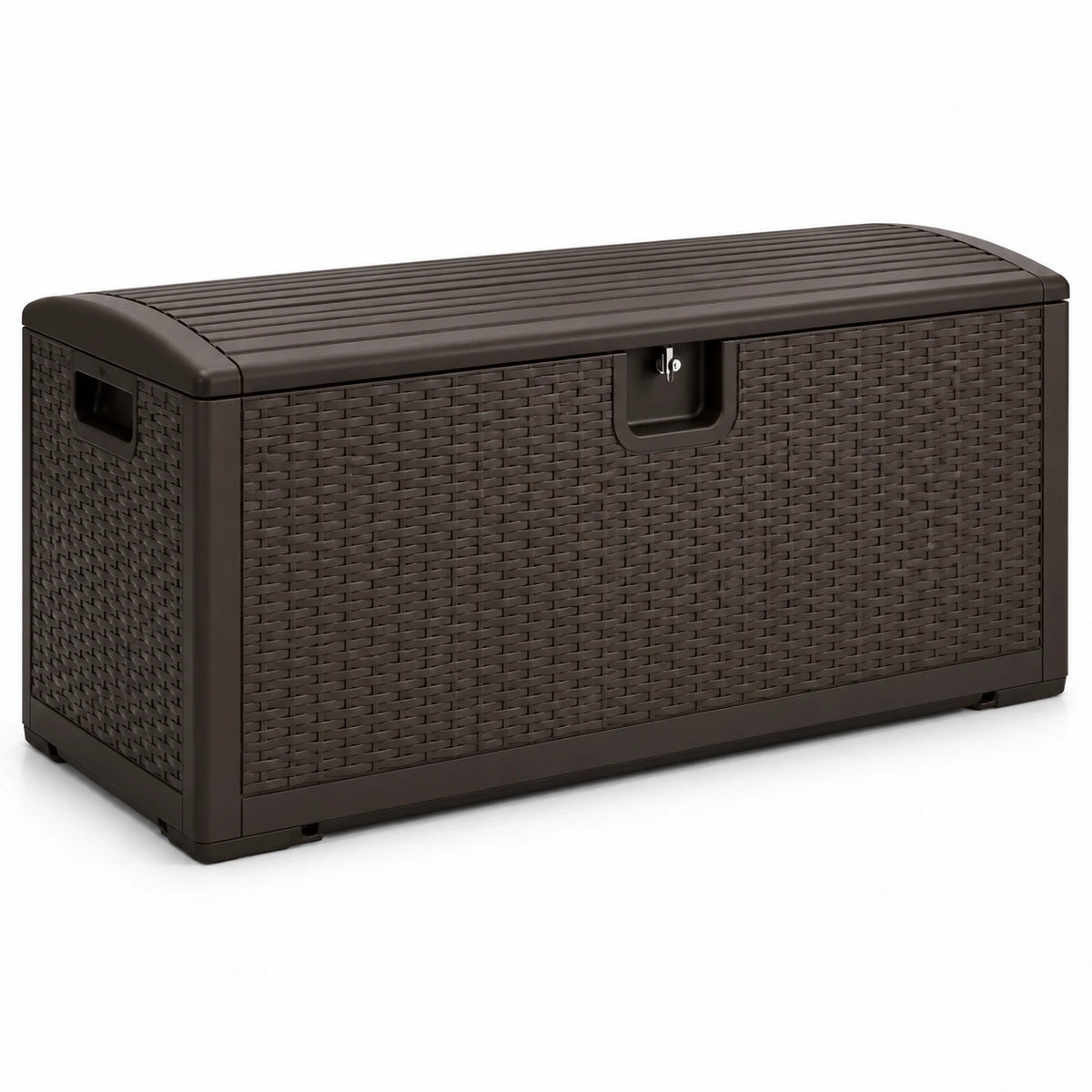 Coffre de rangement extérieur en résine marron foncé effet rotin, 117 x 45 x 57 cm, couvercle verrouillable
