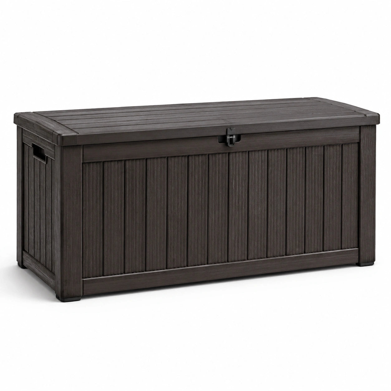 Coffre de rangement extérieur en résine marron foncé effet bois, 120 x 55 x 60 cm, avec couvercle à loquet