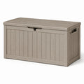 Coffre de rangement extérieur en résine taupe effet bois avec couvercle, 120 x 55 x 60 cm