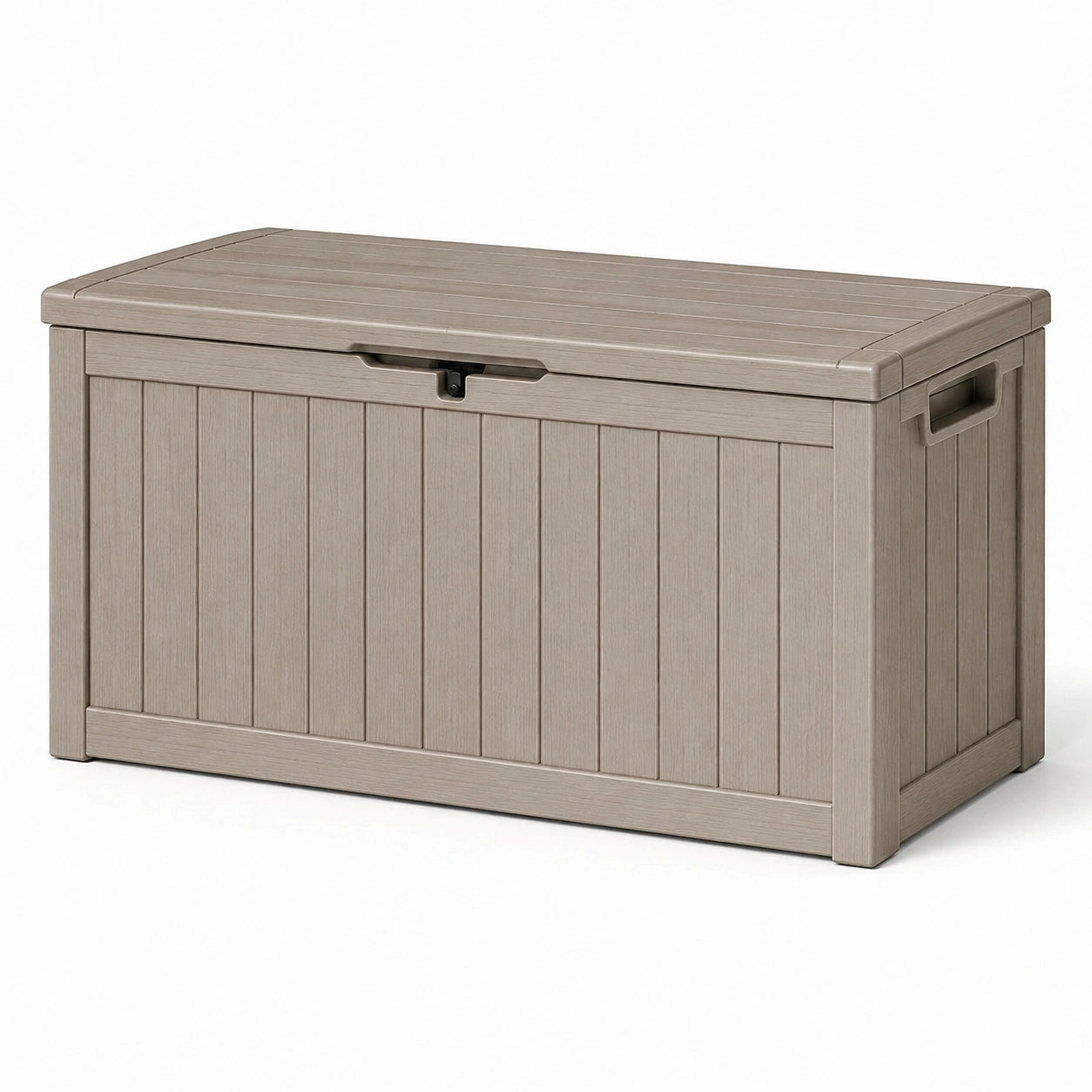 Coffre de rangement extérieur en résine taupe effet bois avec couvercle, 120 x 55 x 60 cm