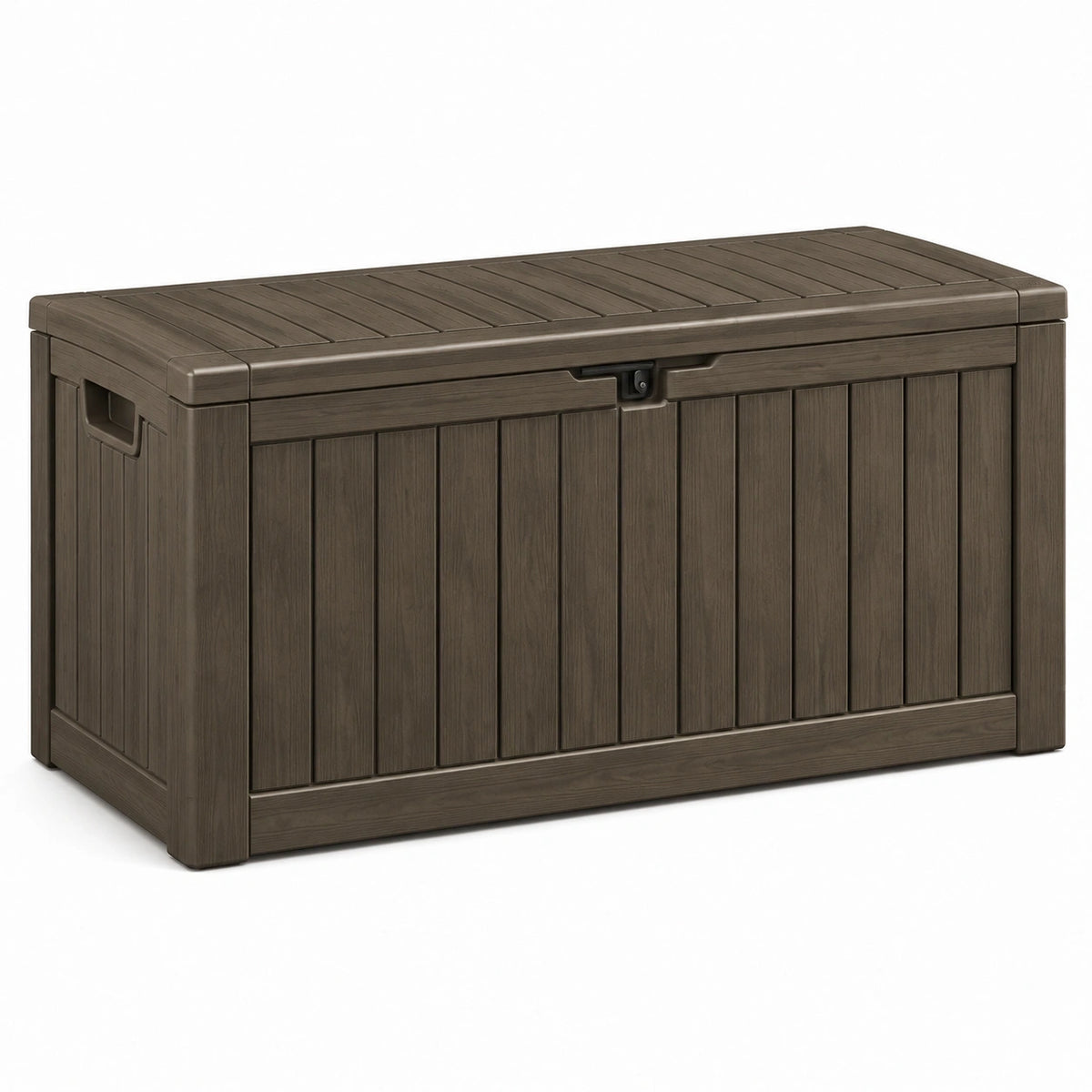 Coffre de rangement extérieur en résine brun foncé, 120 x 54 x 57 cm, finition aspect bois et couvercle verrouillable