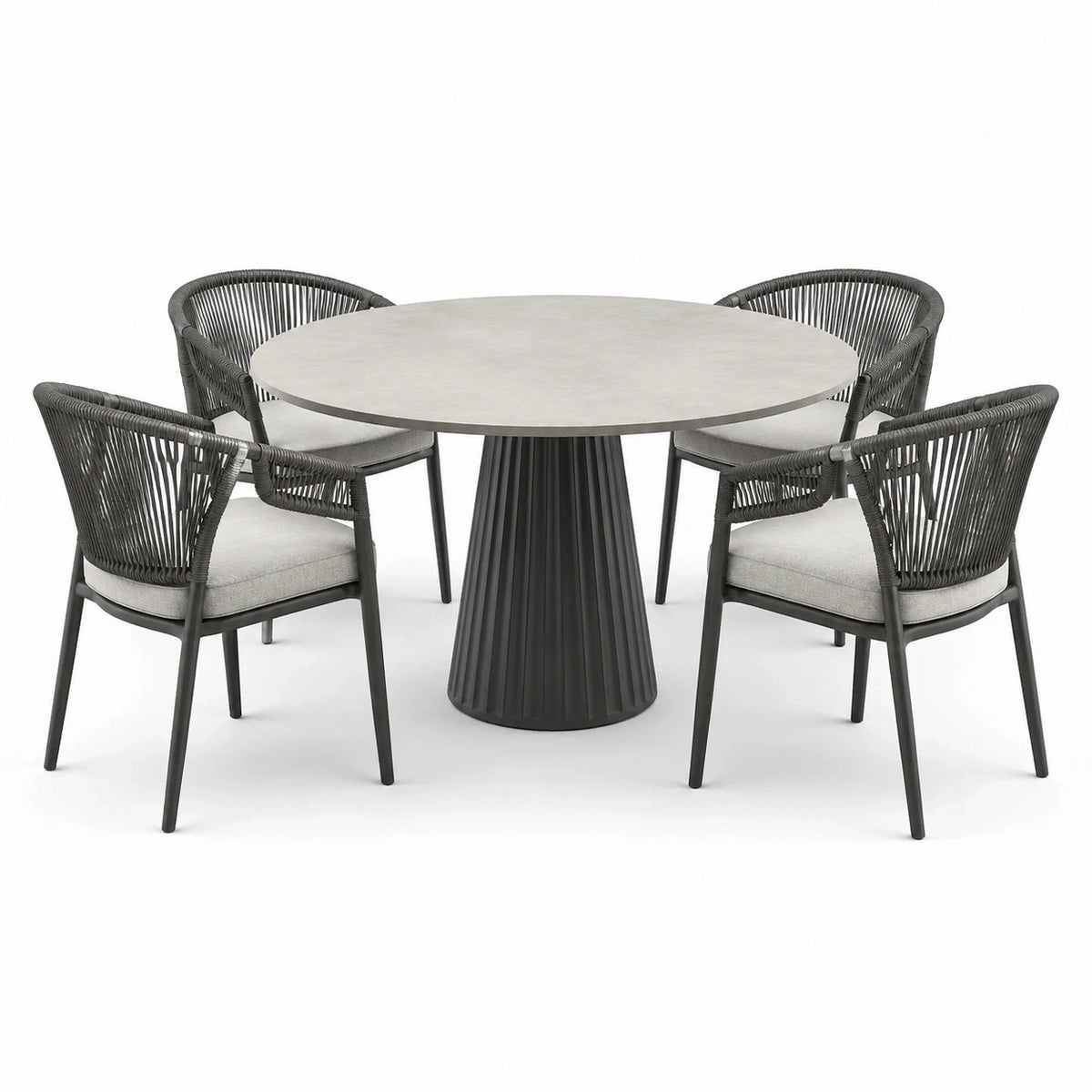 Ensemble de jardin 5 pièces gris foncé et gris clair avec table ronde 120 x 75 cm et 4 fauteuils 60 x 62 x 80 cm