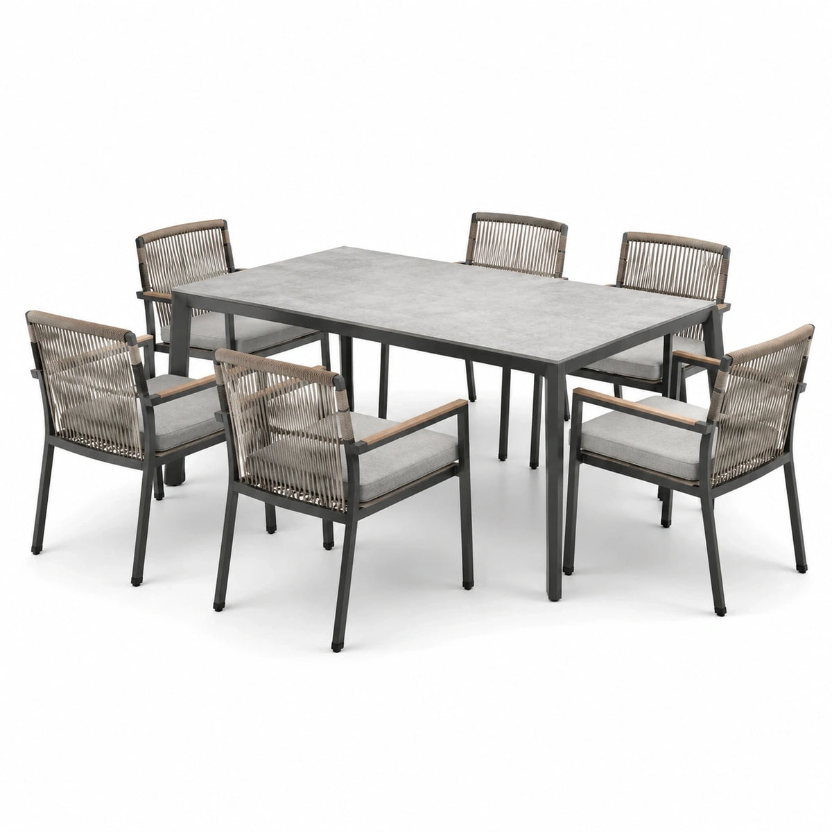 Ensemble repas de jardin 7 pièces, table 180 x 100 x 75 cm et 6 fauteuils 60 x 62 x 88 cm, gris clair, taupe, anthracite et marron clair