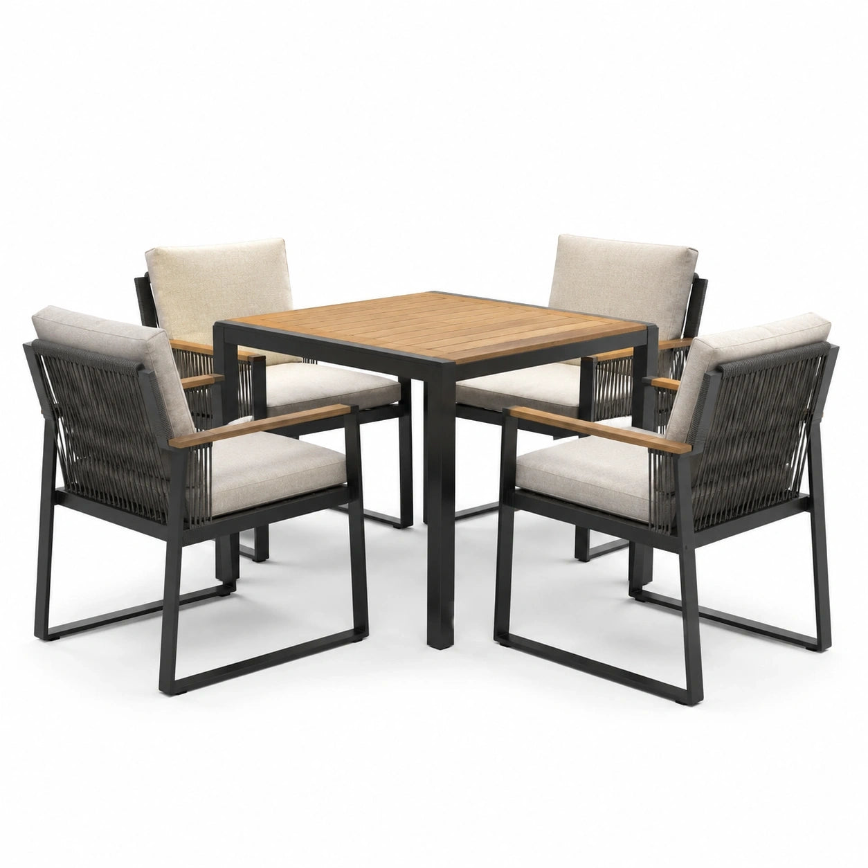 Salon de jardin 5 pièces noir, marron clair et beige avec table carrée 100 x 100 x 75 cm et 4 fauteuils 61 x 62 x 86 cm