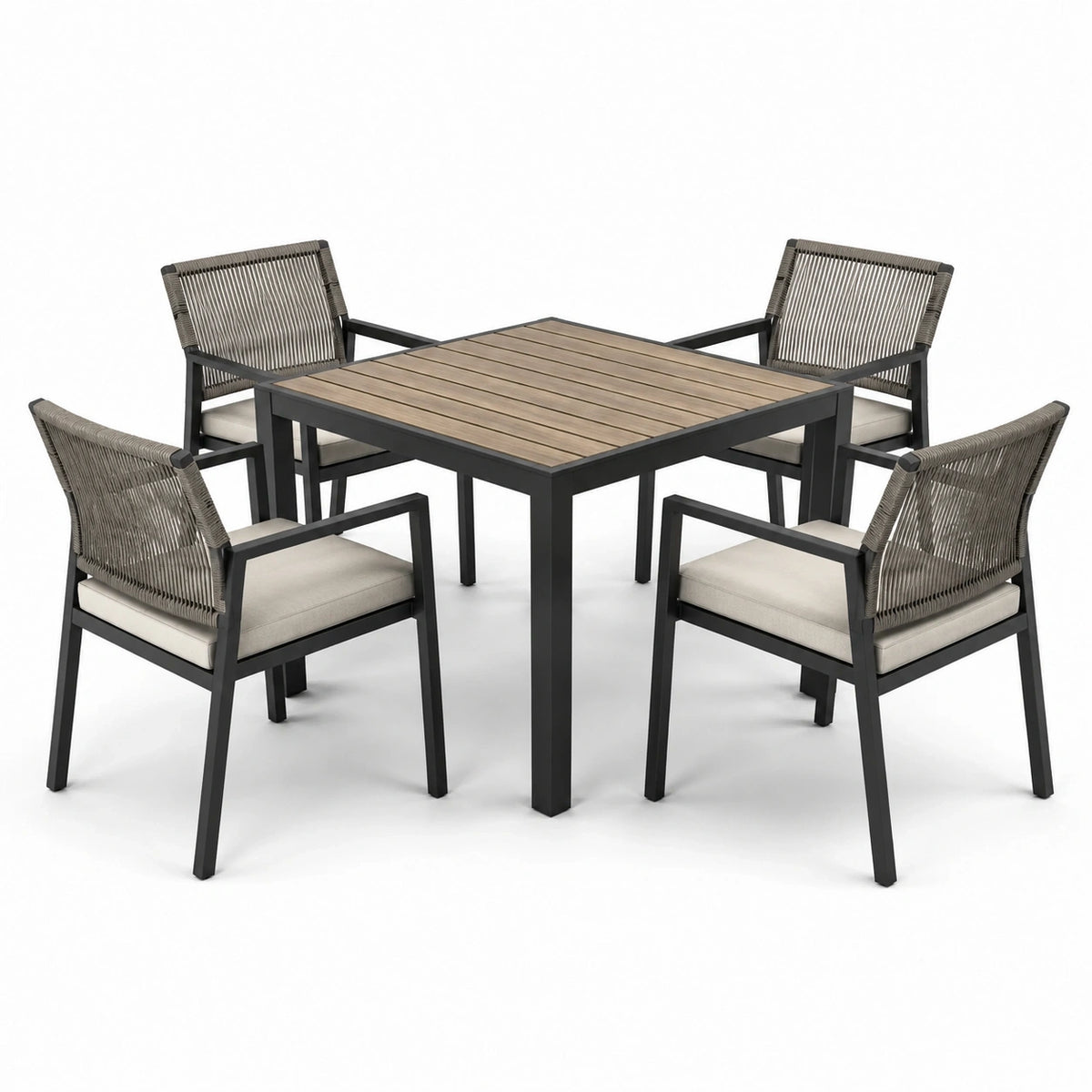 Ensemble repas de jardin 5 pièces avec table carrée 120 x 120 x 75 cm et 4 fauteuils 58 x 62 x 83 cm, noir, gris, beige et brun