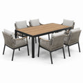 Ensemble repas de jardin 7 pièces avec table 180 x 100 x 77,5 cm et 6 fauteuils 62 x 63 x 86 cm, gris anthracite, gris clair et bois naturel