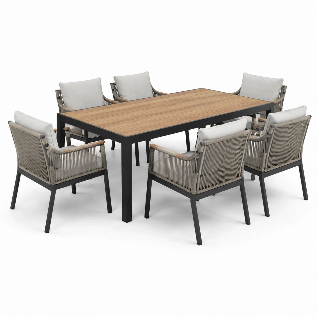 Ensemble repas de jardin 7 pièces avec table 180 x 100 x 77,5 cm et 6 fauteuils 62 x 63 x 86 cm, gris anthracite, gris clair et bois naturel