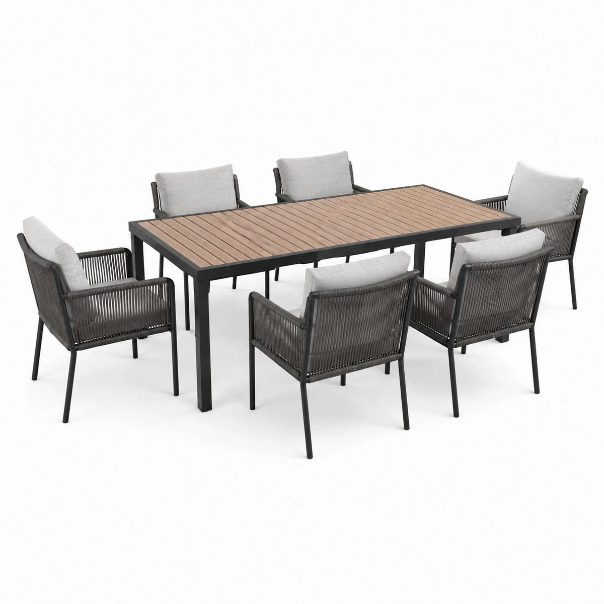 Ensemble repas de jardin 7 pièces anthracite, marron clair et gris clair avec table 200 x 100 x 75 cm et 6 fauteuils 58 x 62 x 85 cm
