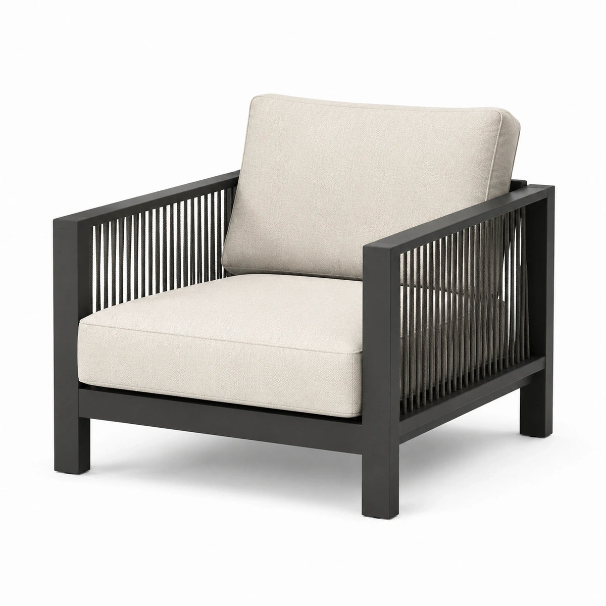 Fauteuil de jardin contemporain 77 x 75 x 82 cm en métal noir, tissu beige et cordage gris foncé