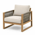 Fauteuil de jardin en bois naturel avec corde grise, coussins beiges et accoudoirs, 78 x 82 x 84 cm