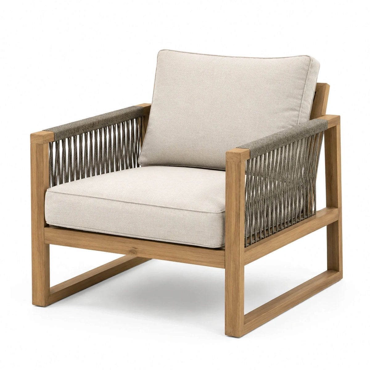 Fauteuil de jardin en bois naturel avec corde grise, coussins beiges et accoudoirs, 78 x 82 x 84 cm