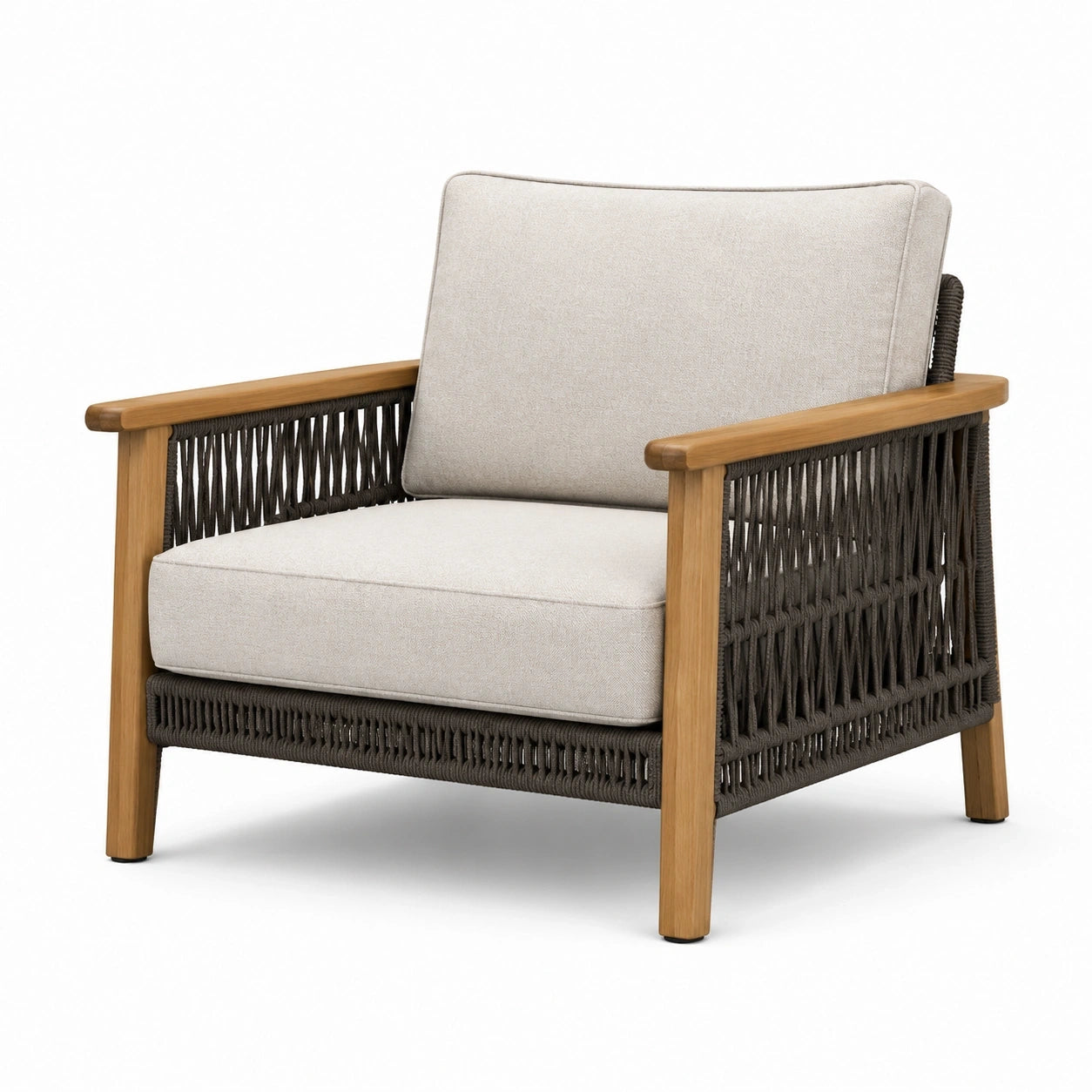 Fauteuil de jardin contemporain 78 x 82 x 86 cm en bois marron clair, corde marron foncé et tissu beige