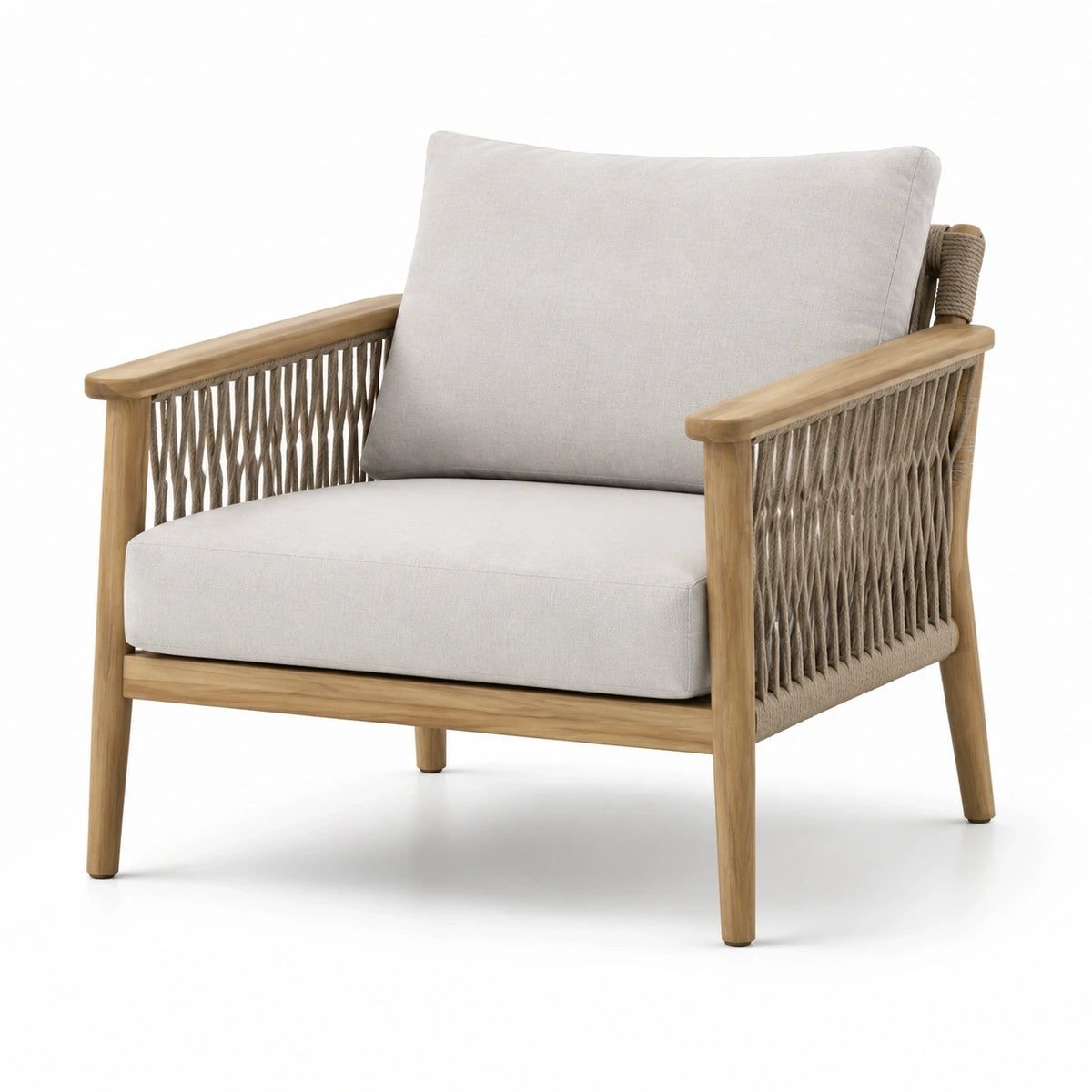 Fauteuil contemporain en bois naturel, tissu beige et corde taupe, 82 x 78 x 82 cm