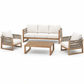 Salon de jardin 4 pièces en bois naturel avec coussins beiges et corde taupe, canapé 190 x 82 x 80 cm, fauteuils 79 x 82 x 80 cm et table 110 x 65 x 40 cm