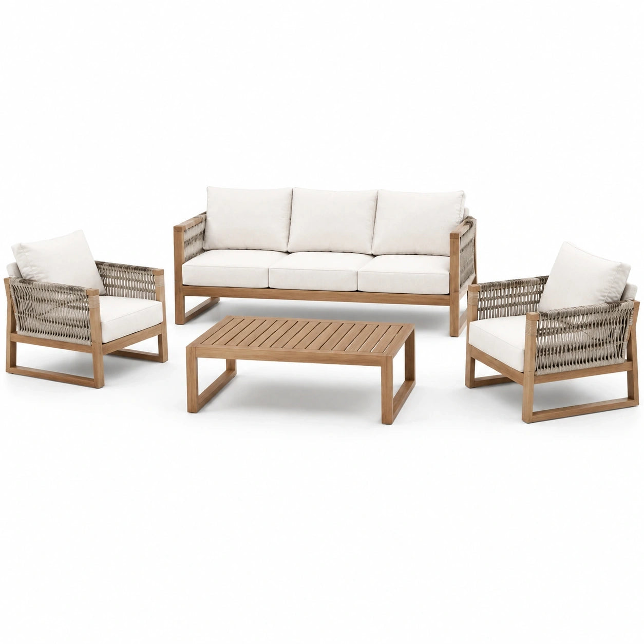 Salon de jardin 4 pièces en bois naturel avec coussins beiges et corde taupe, canapé 190 x 82 x 80 cm, fauteuils 79 x 82 x 80 cm et table 110 x 65 x 40 cm