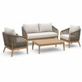 Ensemble 4 pièces en bois et corde tressée avec coussins – canapé 150 x 75 x 78 cm, fauteuils 72 x 75 x 78 cm, table 105 x 60 x 38 cm – beige, taupe et marron clair