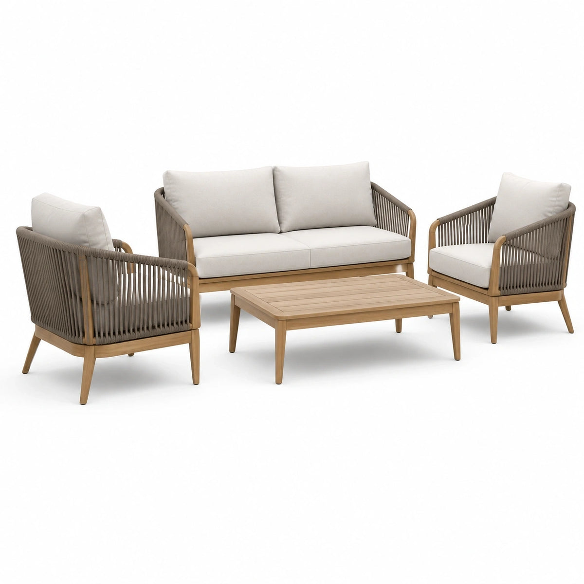 Ensemble 4 pièces en bois et corde tressée avec coussins – canapé 150 x 75 x 78 cm, fauteuils 72 x 75 x 78 cm, table 105 x 60 x 38 cm – beige, taupe et marron clair