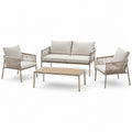 Salon de jardin 4 pièces beige et grège en métal et corde tressée, canapé 132 x 76 x 78 cm, fauteuils 68 x 76 x 78 cm et table 100 x 55 x 40 cm