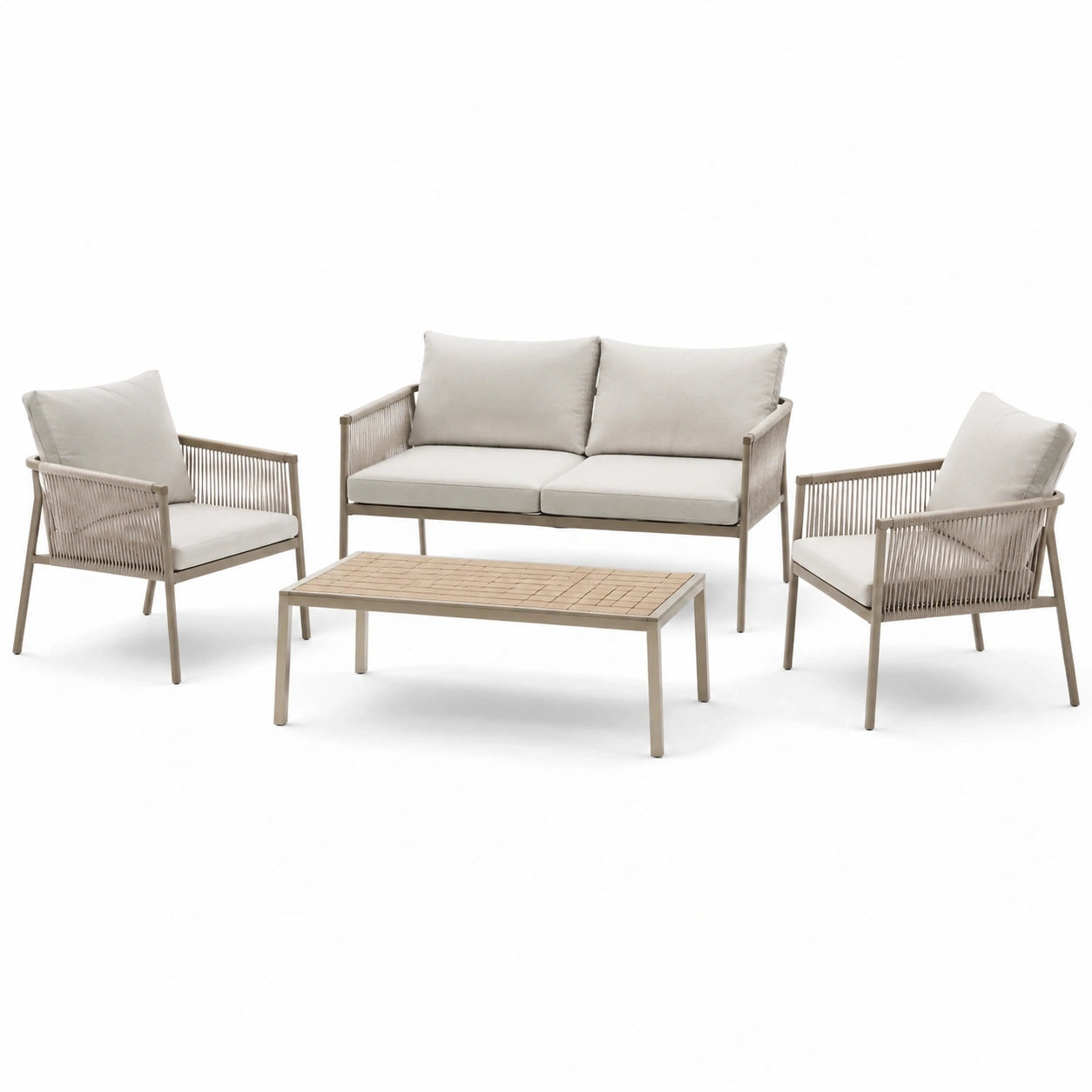 Salon de jardin 4 pièces beige et grège en métal et corde tressée, canapé 132 x 76 x 78 cm, fauteuils 68 x 76 x 78 cm et table 100 x 55 x 40 cm