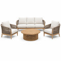 Ensemble de jardin 5 places en bois naturel, corde taupe et coussins blanc cassé, canapé 190 x 82 x 82 cm, fauteuils 76 x 80 x 82 cm, table ronde 100 x 42 cm