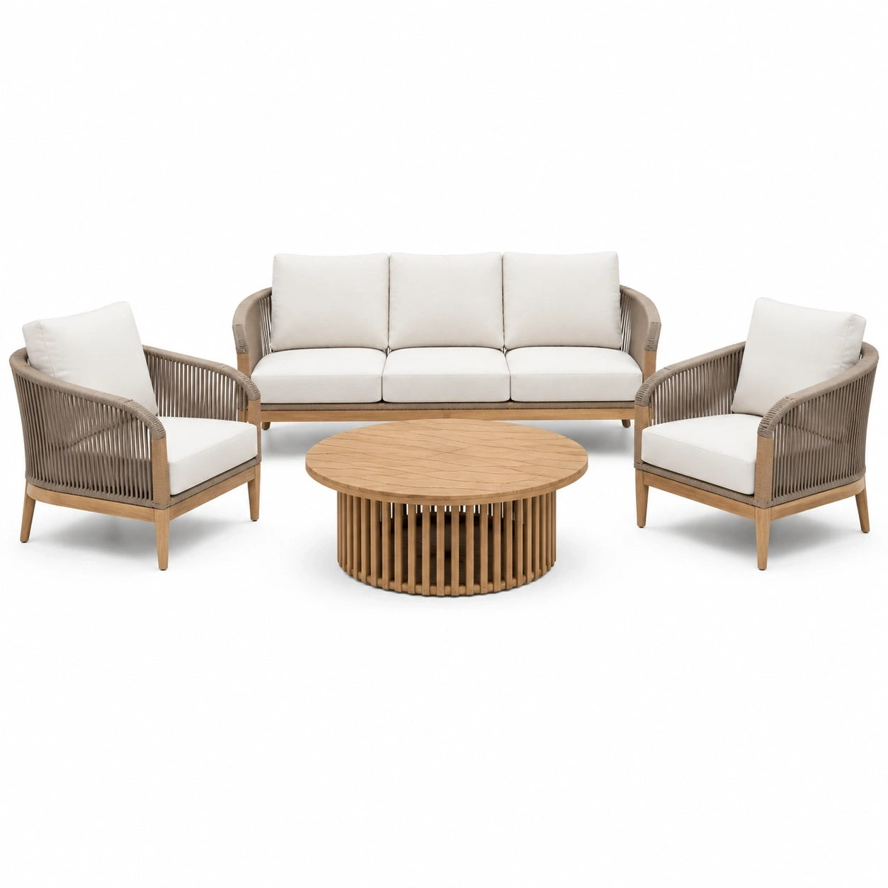Ensemble de jardin 5 places en bois naturel, corde taupe et coussins blanc cassé, canapé 190 x 82 x 82 cm, fauteuils 76 x 80 x 82 cm, table ronde 100 x 42 cm