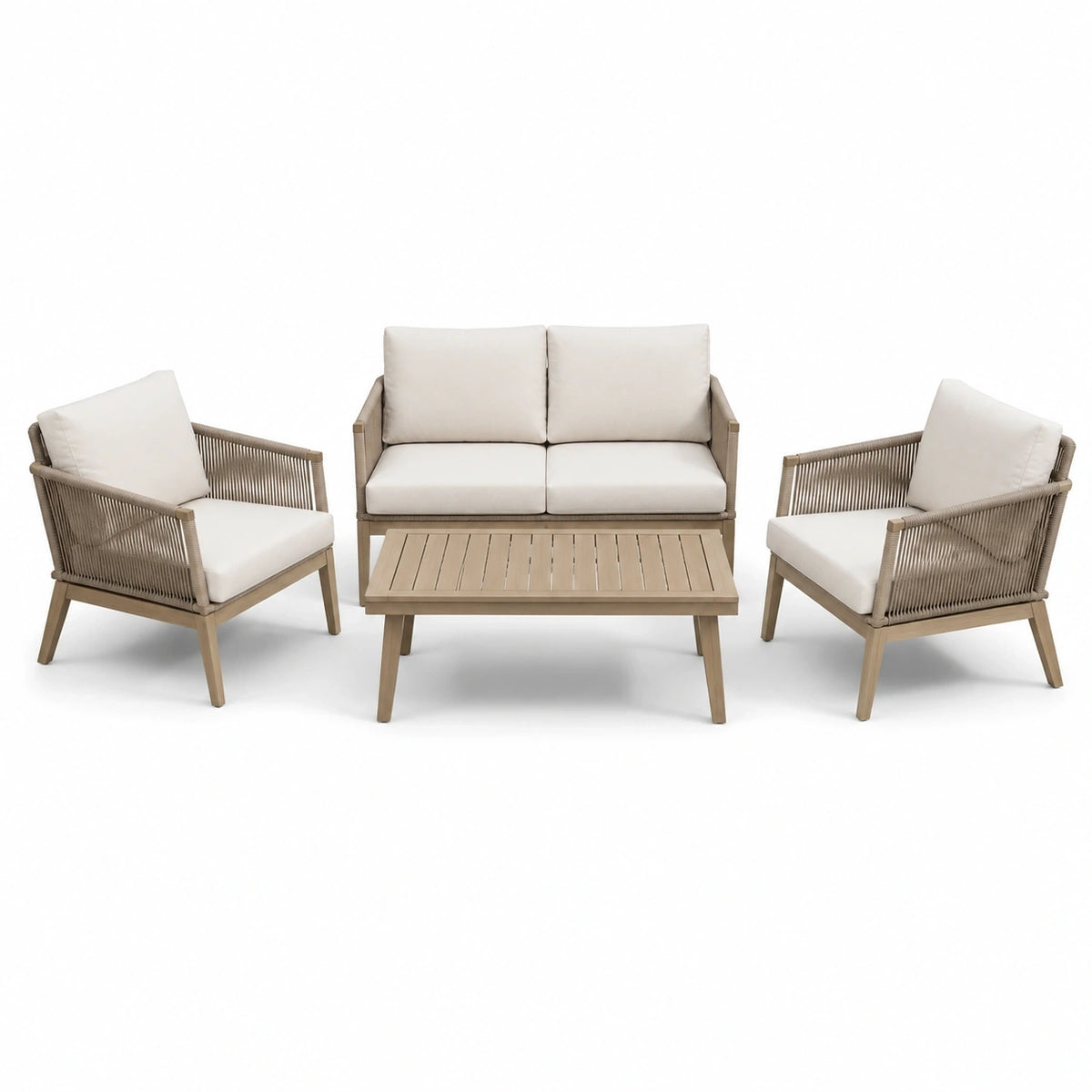Salon de jardin 4 pièces beige, taupe et marron clair – canapé 150 x 78 x 78 cm, 2 fauteuils 74 x 78 x 78 cm et table basse 110 x 60 x 42 cm
