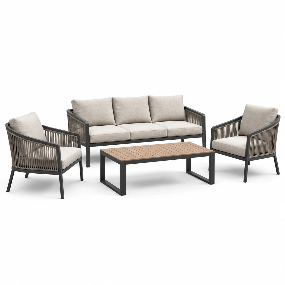 Ensemble de jardin 4 pièces noir, taupe, beige et brun avec canapé 190 x 80 x 80 cm, 2 fauteuils 75 x 80 x 80 cm et table 120 x 60 x 42 cm