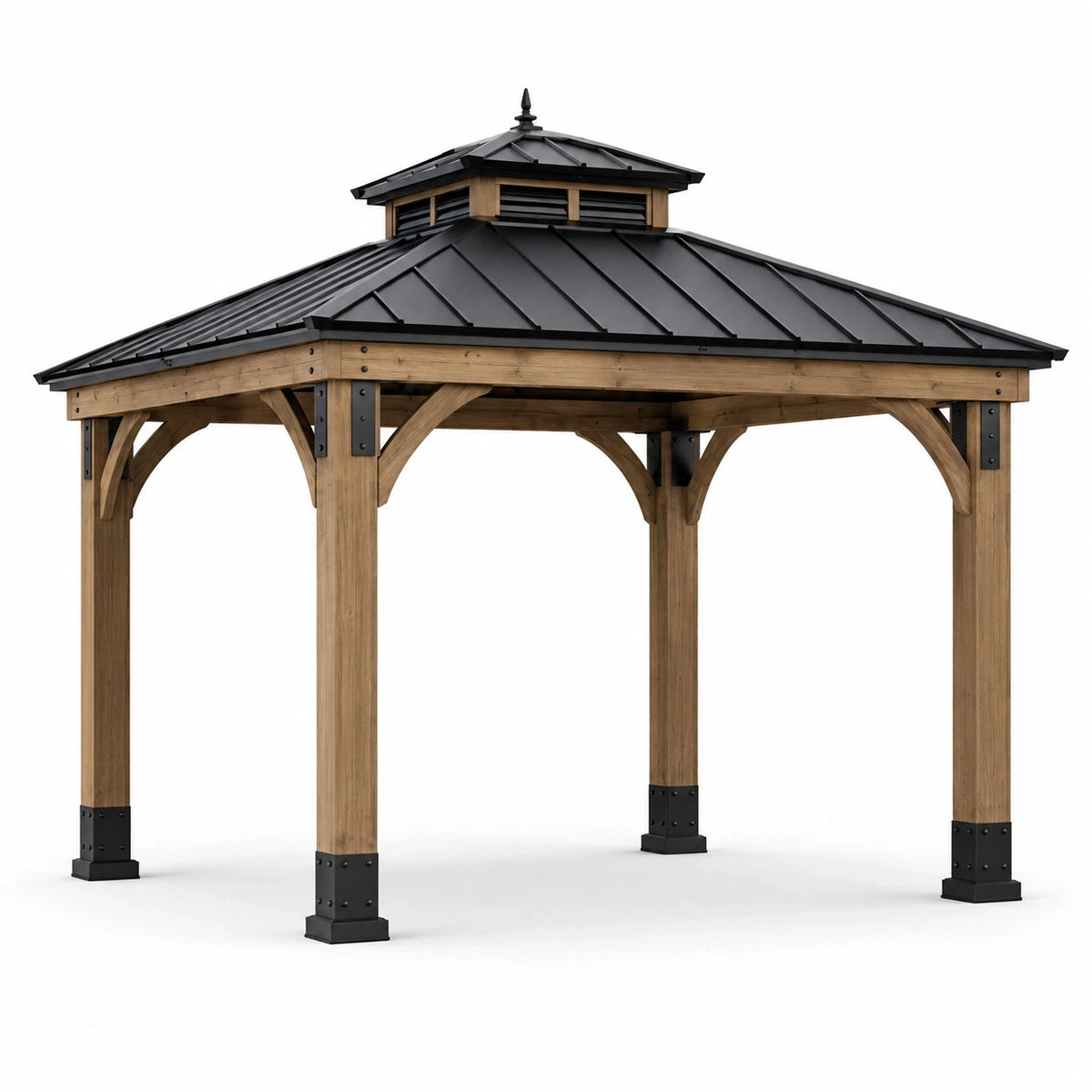 Tonnelle de jardin en bois marron et métal noir avec toit ventilé, 427 x 366 x 320 cm