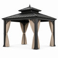 Pavillon de jardin en métal noir avec toit rigide et rideaux beiges, 300 x 300 x 290 cm