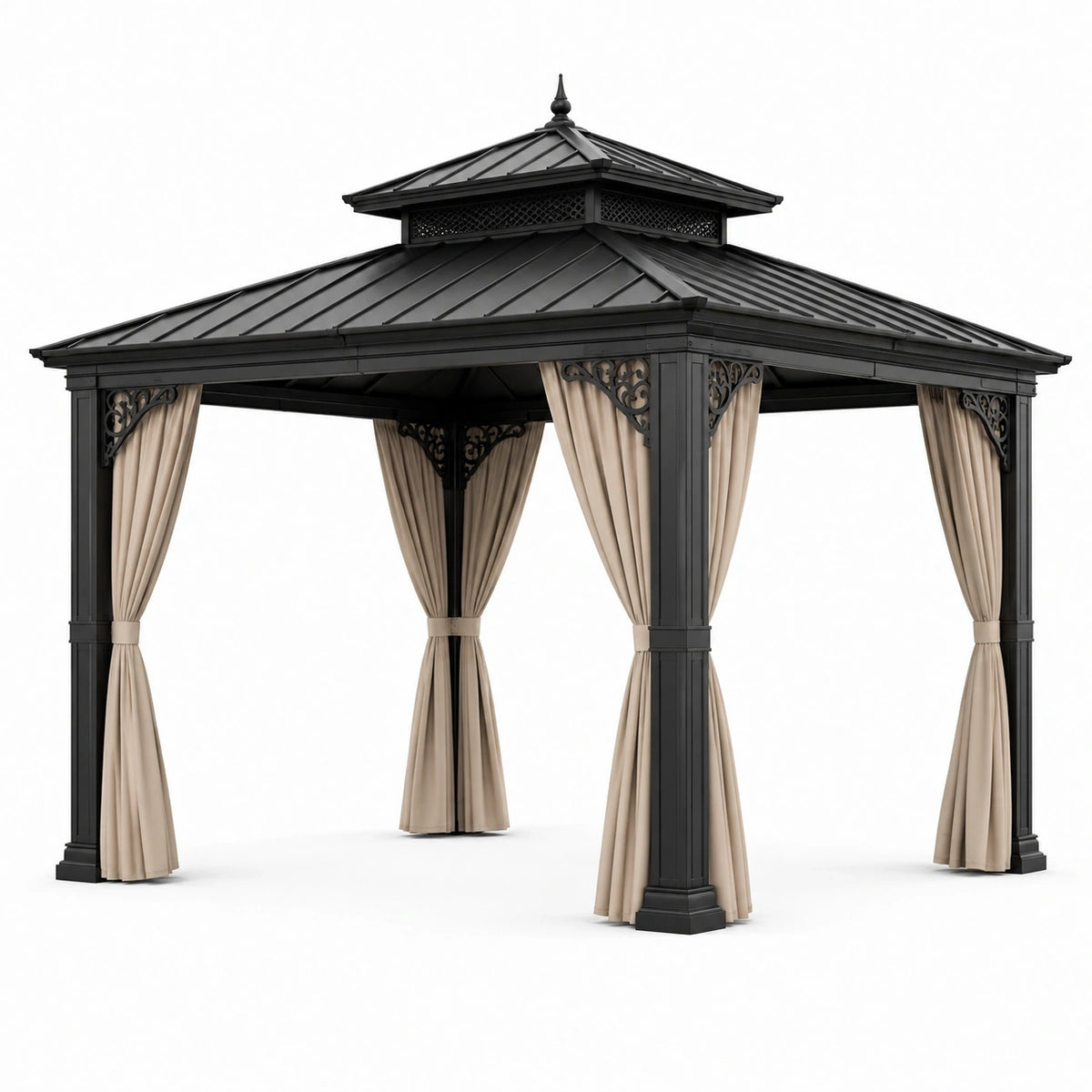 Pavillon de jardin en métal noir avec toit rigide et rideaux beiges, 300 x 300 x 290 cm