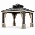 Pavillon de jardin anthracite 430 x 365 x 320 cm avec toit rigide et rideaux beiges