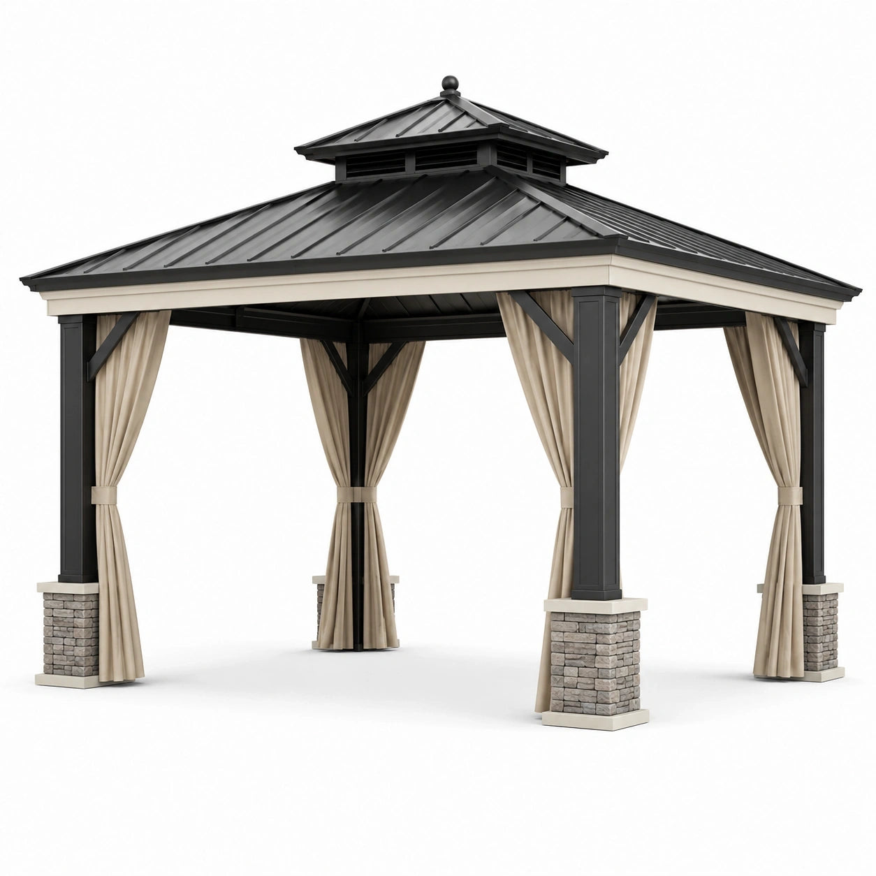 Pavillon de jardin anthracite 430 x 365 x 320 cm avec toit rigide et rideaux beiges