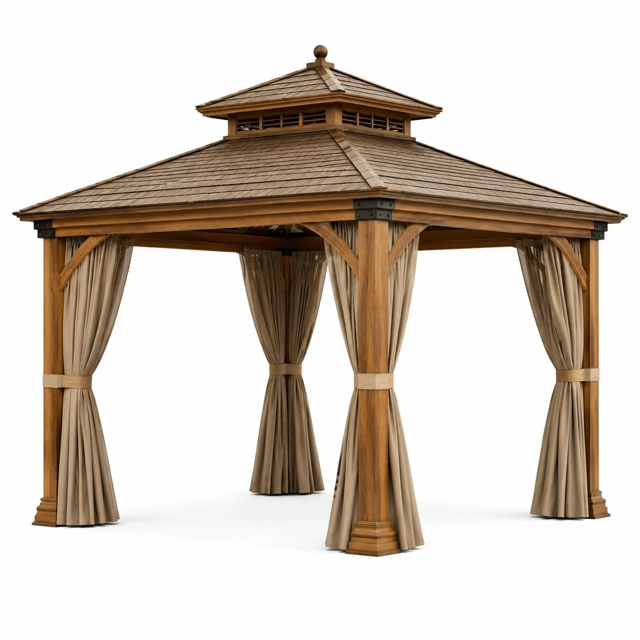 Tonnelle de jardin en bois marron avec rideaux beiges, ferrures noires et double toiture, 300 x 300 x 320 cm